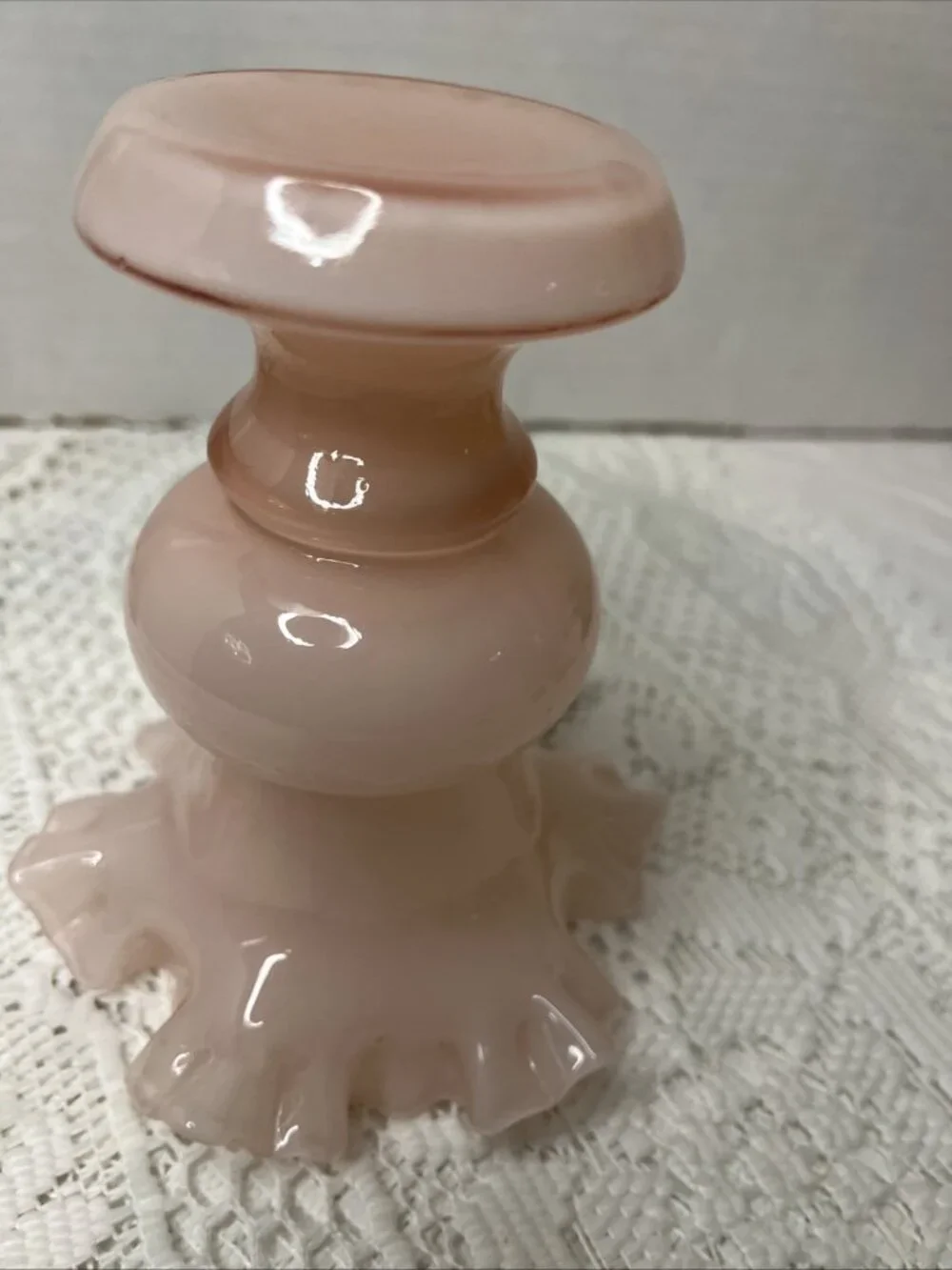 Fenton Glass Pink Melon Overlay Vase Ruffle Top 6.25